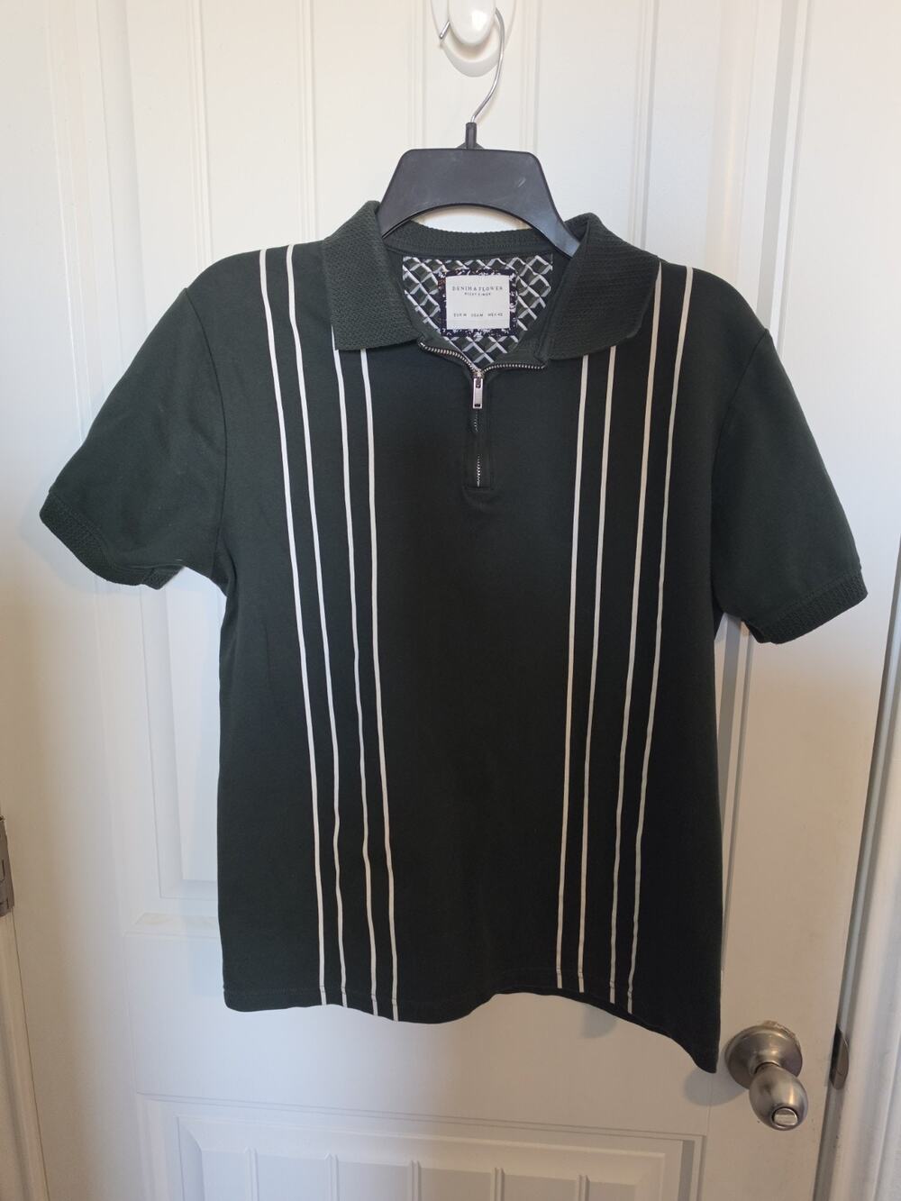 Denim & Flower Ricky Singh Men's M Green Retro Stripe Quarter Zip Polo Shirt